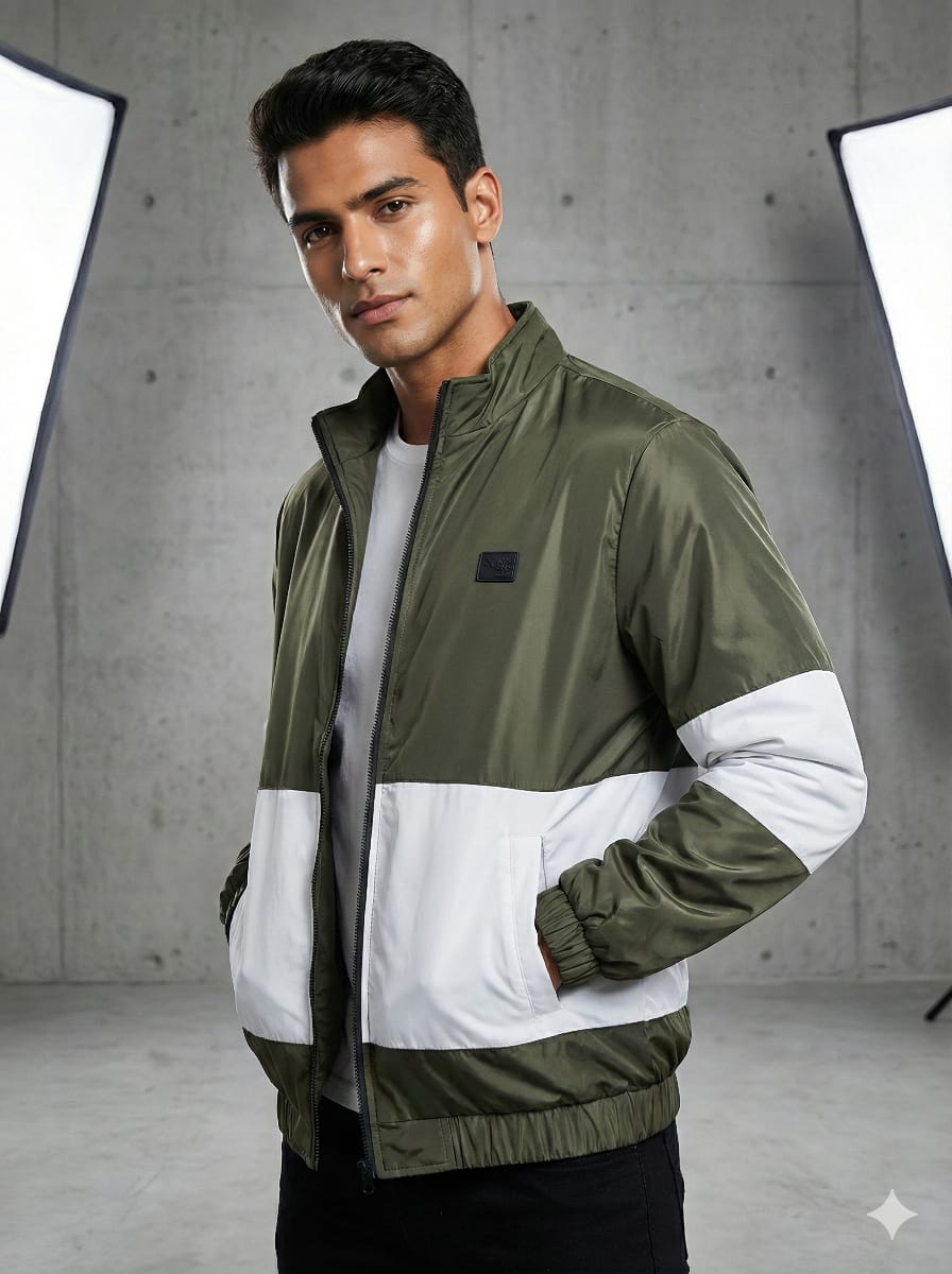 U.S. Polo Assn. Men’s Dual-Tone Windcheater Jacket – Olive & White